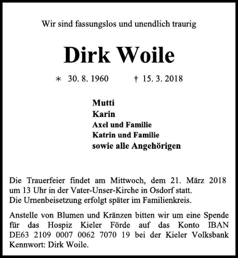  Traueranzeige für Dirk Woile vom 17.03.2018 aus Kieler Nachrichten / Segeberger Zeitung