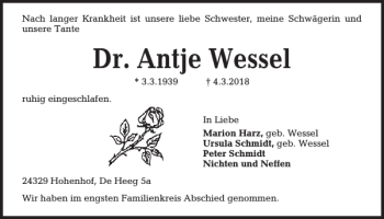 Traueranzeige von Dr. Antje Wessel von Kieler Nachrichten / Segeberger Zeitung