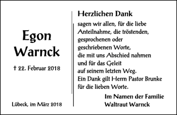 Traueranzeige von Egon Warnck von Lübecker Nachrichten