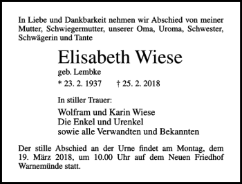 Traueranzeige von Elisabeth Wiese von Ostsee-Zeitung