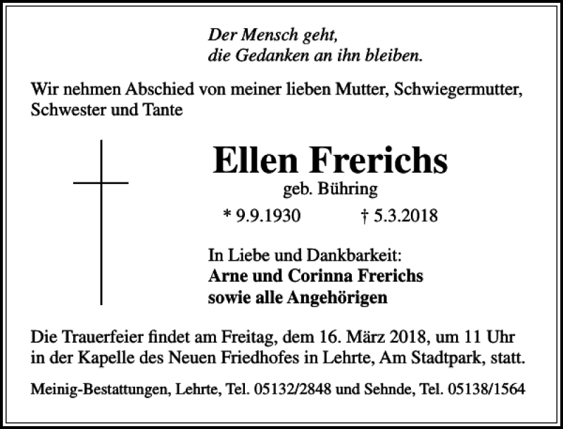 Traueranzeigen Von Ellen Frerichs Trauer Anzeigen De