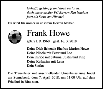Traueranzeige von Frank Howe von Ostsee-Zeitung