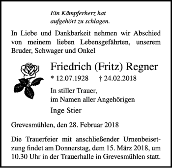 Traueranzeige von Friedrich Fritz Regner von Ostsee-Zeitung