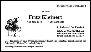 Traueranzeige von Fritz Kleinert von Peiner Allgemeine Zeitung