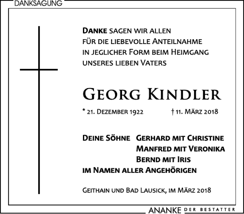  Traueranzeige für Georg Kindler vom 24.03.2018 aus Leipziger Volkszeitung