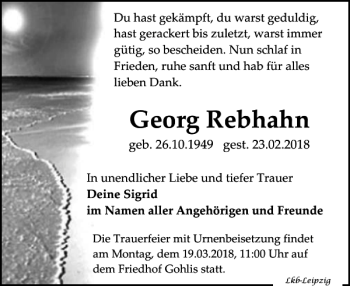 Traueranzeige von Georg Rebhahn von Leipziger Volkszeitung