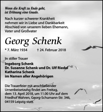 Traueranzeige von Georg Schenk von Leipziger Volkszeitung