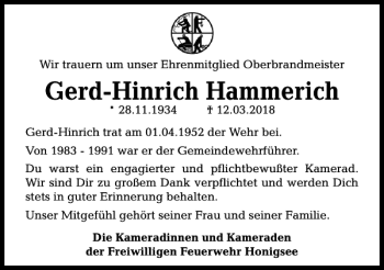 Traueranzeige von Gerd-Heinrich Hammerich von Kieler Nachrichten / Segeberger Zeitung