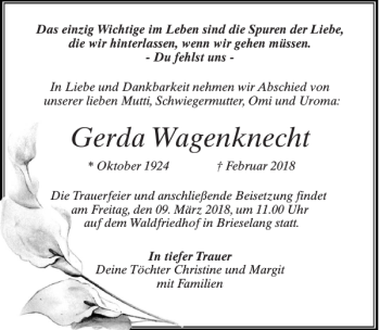 Traueranzeige von Gerda Wagenknecht von MAZ-Trauer.de
