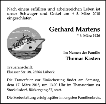 Traueranzeige von Gerhard Martens von Lübecker Nachrichten