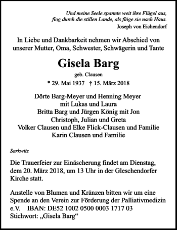 Traueranzeige von Gisela Barg von Lübecker Nachrichten