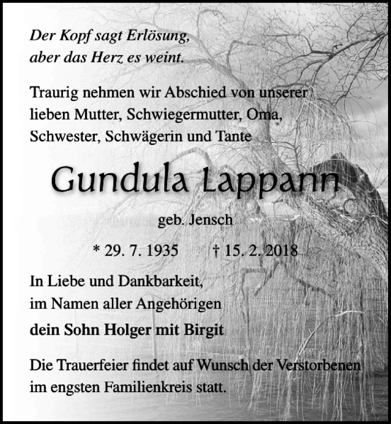  Traueranzeige für Gundula Lappann vom 01.03.2018 aus Ostsee-Zeitung