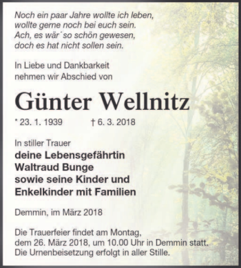 Traueranzeige von Günter Wellnitz von Ostsee-Zeitung