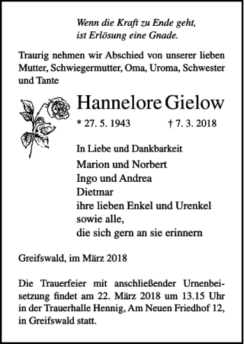Traueranzeige von Hannelore Gielow von Ostsee-Zeitung