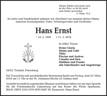 Traueranzeige von Hans Ernst von Kieler Nachrichten / Segeberger Zeitung