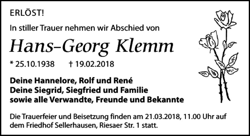  Traueranzeige für Hans-Georg Klemm vom 10.03.2018 aus Leipziger Volkszeitung