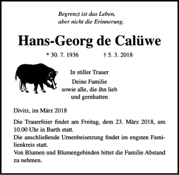 Traueranzeige von Hans-Georg de Calüwe von Ostsee-Zeitung