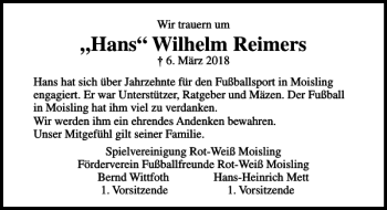 Traueranzeige von Hans Wilhelm Reimers von Lübecker Nachrichten