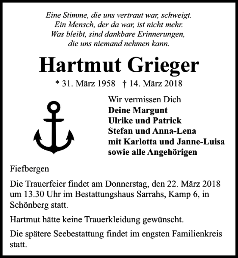  Traueranzeige für Hartmut Grieger vom 17.03.2018 aus Kieler Nachrichten / Segeberger Zeitung