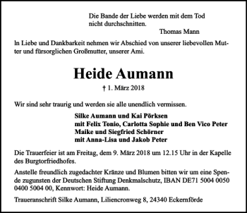 Traueranzeige von Heide Aumann von Lübecker Nachrichten