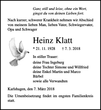 Traueranzeige von Heinz Klatt von Ostsee-Zeitung