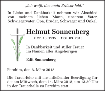 Traueranzeige von Helmut Sonnenberg von Ostsee-Zeitung