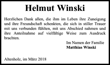 Traueranzeige von Helmut Winski von Kieler Nachrichten / Segeberger Zeitung