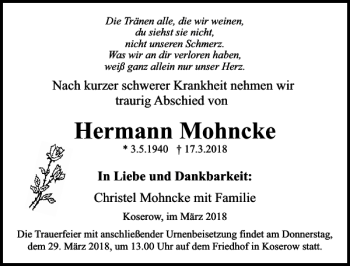 Traueranzeige von Hermann Mohncke von Ostsee-Zeitung