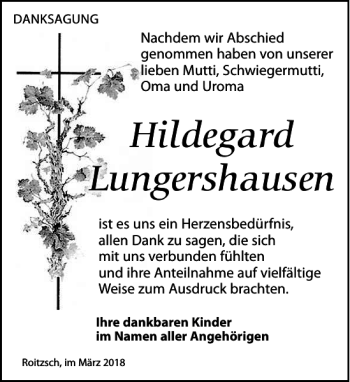 Traueranzeige von Hildegard Lungershausen von Torgauer Zeitung