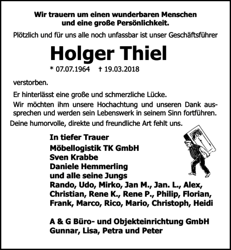  Traueranzeige für Holger Thiel vom 31.03.2018 aus Ostsee-Zeitung