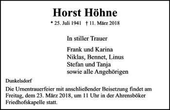 Traueranzeige von Horst Höhne von Lübecker Nachrichten
