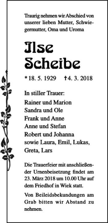 Traueranzeige von Ilse Scheibe von Ostsee-Zeitung