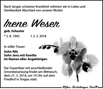 Traueranzeige von Irene Weser von Torgauer Zeitung