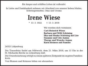 Traueranzeige von Irene Wiese von Kieler Nachrichten / Segeberger Zeitung