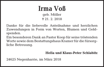 Traueranzeige von Irma Voß von Kieler Nachrichten / Segeberger Zeitung