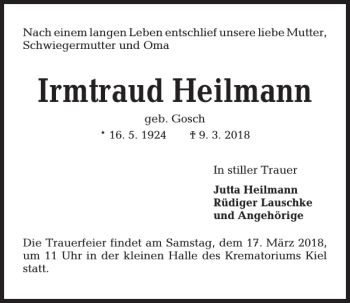 Traueranzeige von Irmtraud Heilmann von Kieler Nachrichten / Segeberger Zeitung