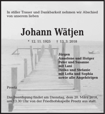 Traueranzeige von Johann Wätjen von Kieler Nachrichten / Segeberger Zeitung