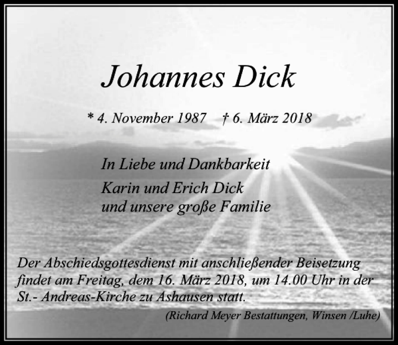  Traueranzeige für Johannes Dick vom 13.03.2018 aus Kieler Nachrichten / Segeberger Zeitung