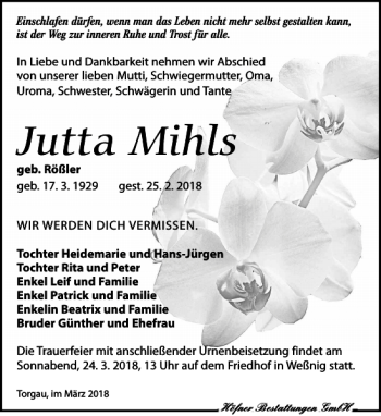 Traueranzeige von Jutta Mihls von Torgauer Zeitung