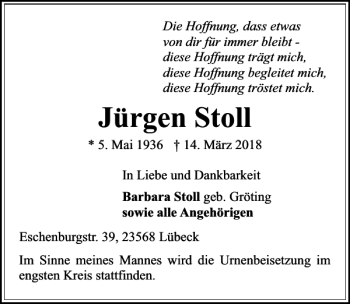 Traueranzeige von Jürgen Stoll von Lübecker Nachrichten