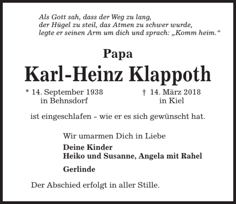  Traueranzeige für Karl-Heinz Klappoth vom 17.03.2018 aus Kieler Nachrichten / Segeberger Zeitung