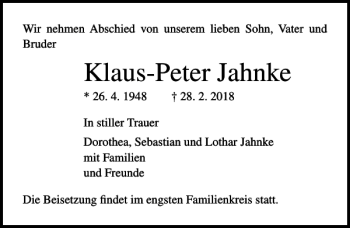 Traueranzeige von Klaus-Peter Jahnke von Ostsee-Zeitung