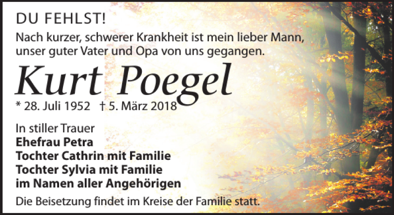  Traueranzeige für Kurt Poegel vom 24.03.2018 aus Leipziger Volkszeitung
