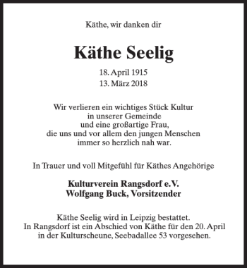 Traueranzeige von Käthe Seelig von MAZ-Trauer.de