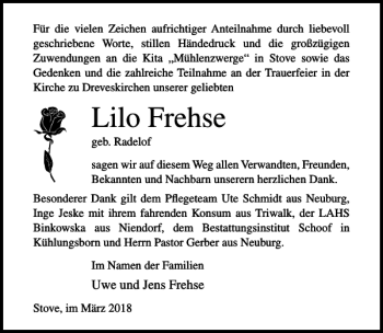 Traueranzeige von Lilo Frehse von Ostsee-Zeitung