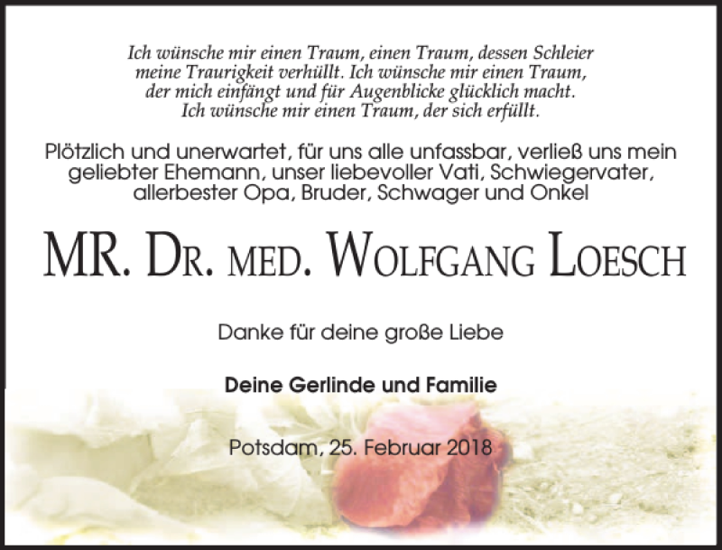  Traueranzeige für MR. DR. MED. WOLFGANG LOESCH vom 31.03.2018 aus MAZ-Trauer.de