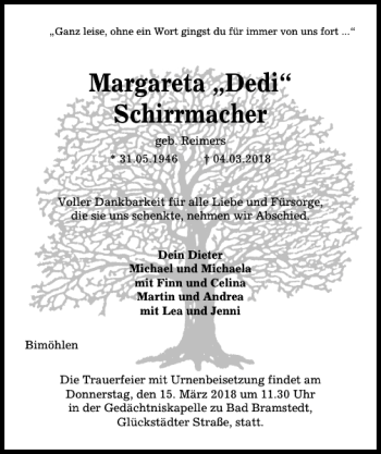 Traueranzeige von Margareta Schirrmacher von Kieler Nachrichten / Segeberger Zeitung