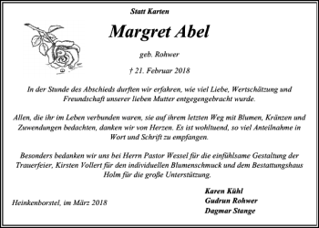 Traueranzeige von Margret Abel von Kieler Nachrichten / Segeberger Zeitung