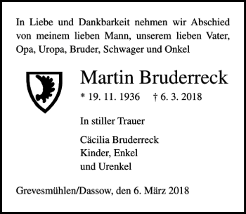 Traueranzeige von Martin Bruderreck von Ostsee-Zeitung