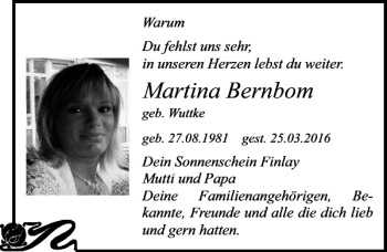 Traueranzeige von Martina Bernbom von Ostsee-Zeitung